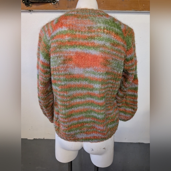 Vintage Striped  Handmade Loose Weave Orange Green 1970's Sweater Size M - Picture 2 of 3